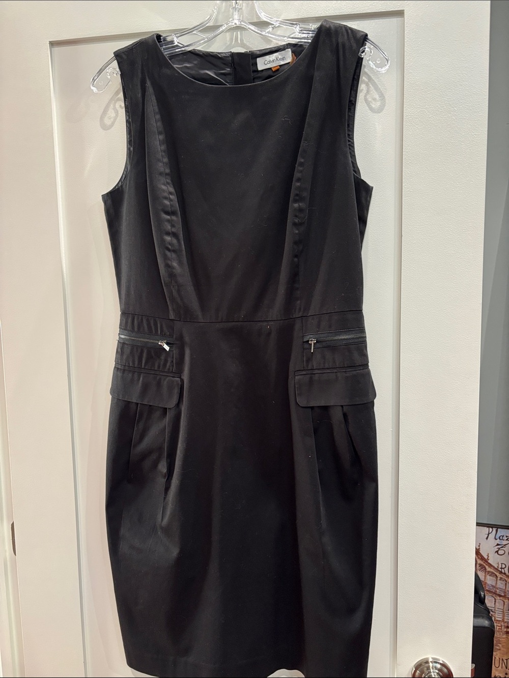 Calvin Klein Black Sleeveless Lined Sheath Dress with Pocket Details